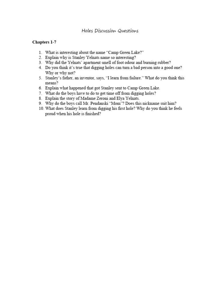 Discussion Questions for Holes: Chapters 1-7 | PDF | Language Arts ...