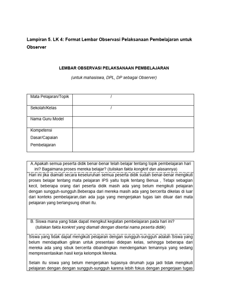Lampiran 5. LK 4 Format Lembar Observasi Pelaksanaan Pembelajaran Untuk ...