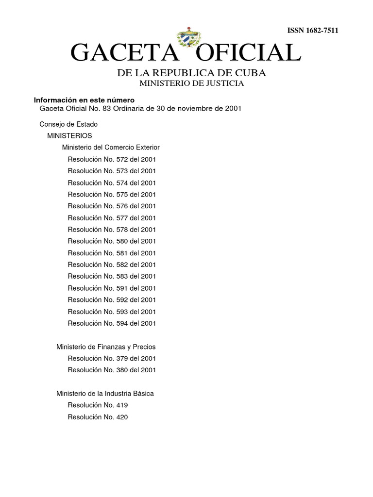 Gaceta Oficial de La Republica de Cuba PDF Cuba Economias
