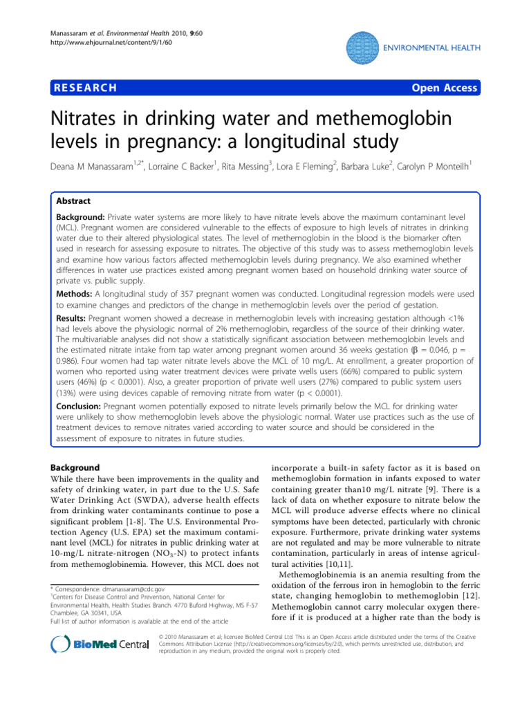 Nitrates in Drinking Water and Methemoglobin Levels in Pregnancy A