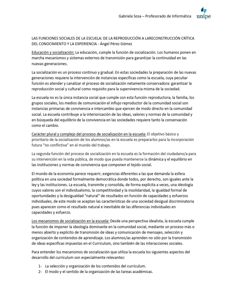 Funciones Sociales de la Escuela en la Educación | PDF | Socialización ...