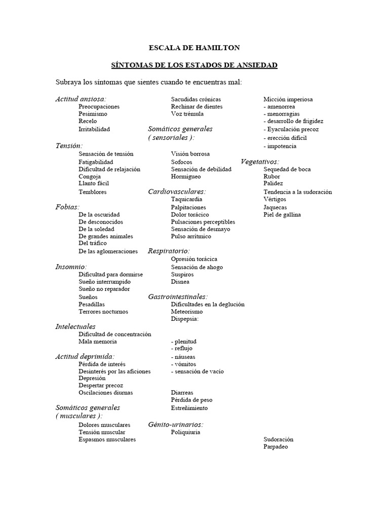 Escala de Hamilton | PDF | Medicina CLINICA | Enfermedades y trastornos