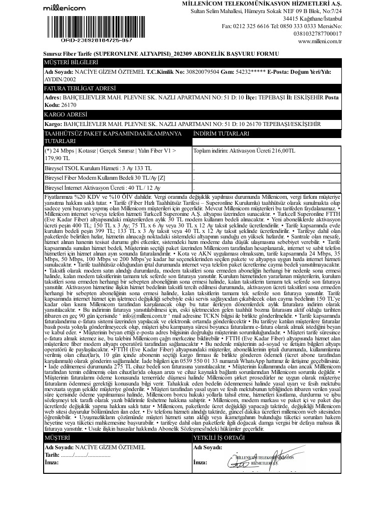 Abonelik Ba vuru Formu PDF