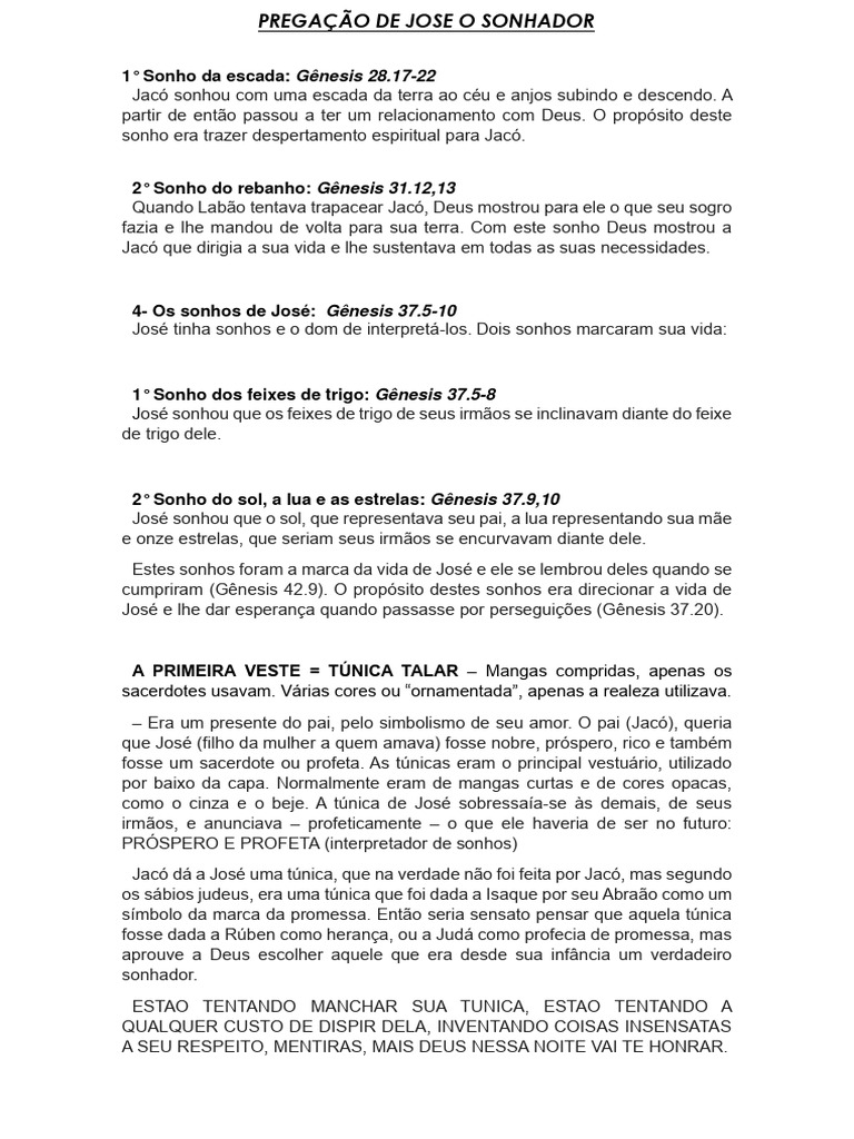 Pregação sobre José, o Sonhador | PDF | Jacó | Gênesis (livro)