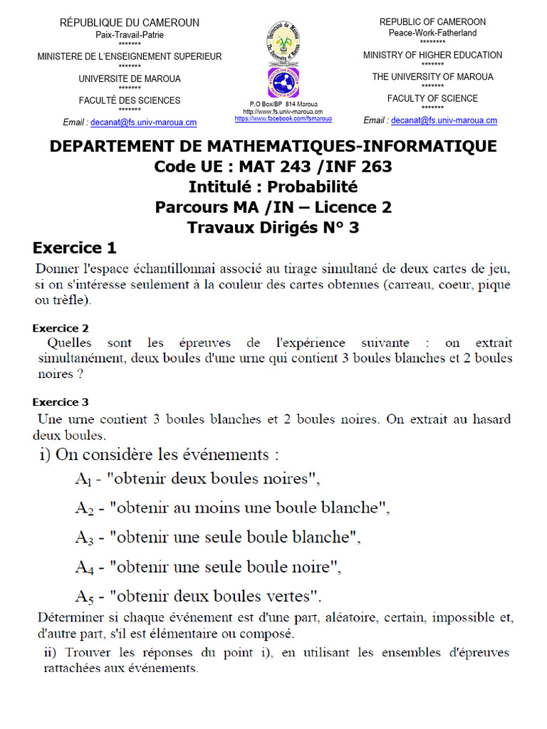 Departement de Mathematiques-Informatique Code UE: MAT 243 /INF 263 ...