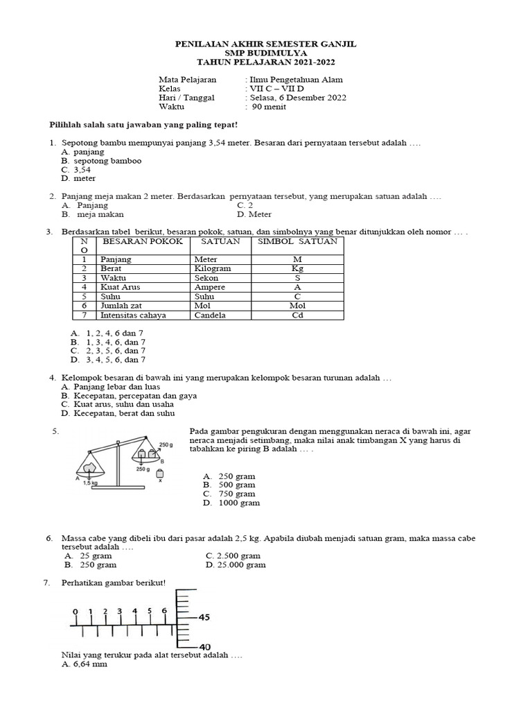 Soal PAS IPA Kelas 7C-D 2022 | PDF