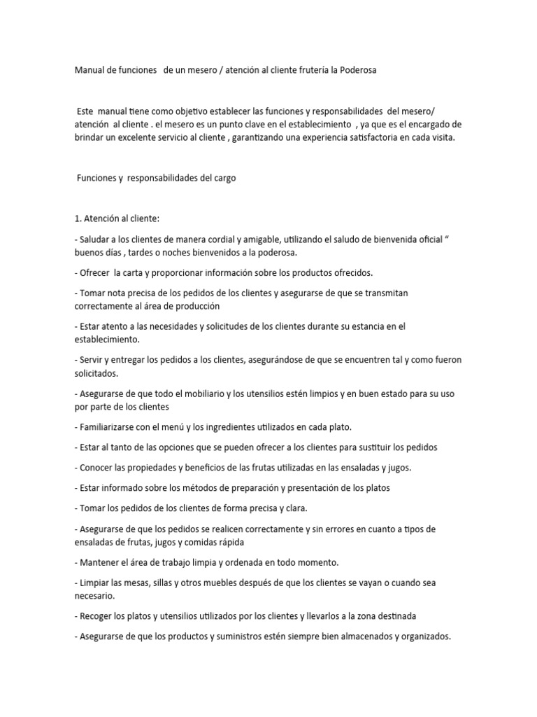 Funciones y responsabilidades del mesero | PDF | Servicio al Cliente ...