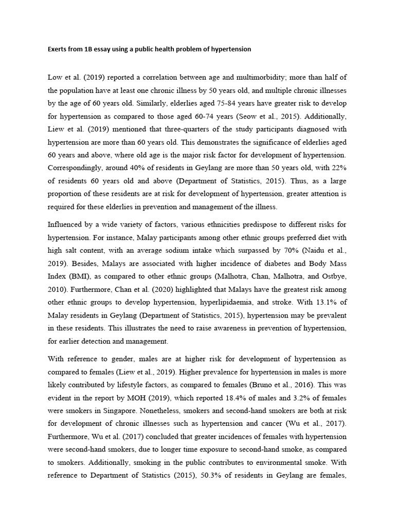 Exerts from 1b essay using a public health problem of hypertension