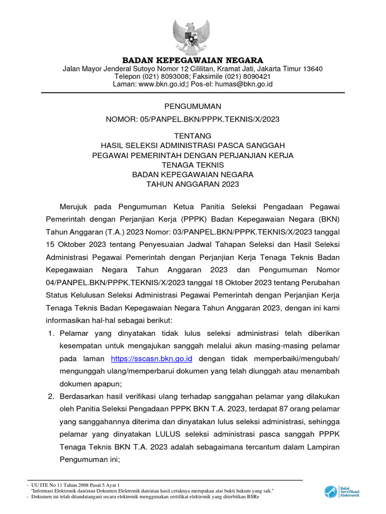 Pengumuman hasil sanggah administrasi pppk teknis bkn 2023 pdf