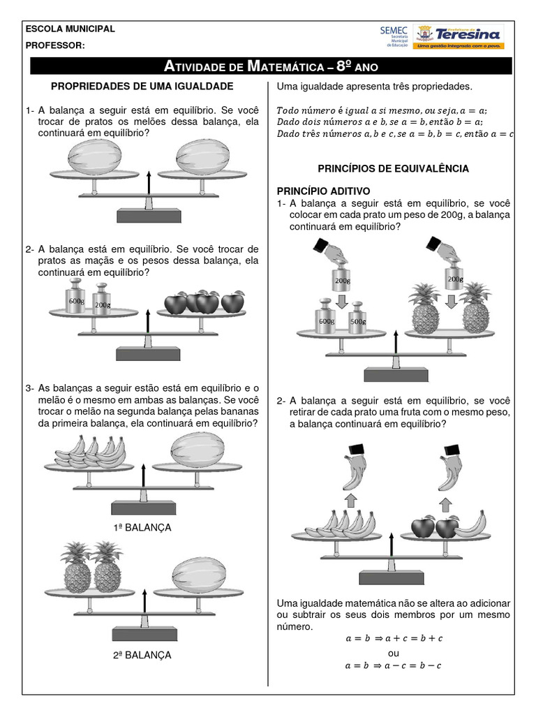 ATIVIDADE EQUAÇÃO DO 1º GRAU | PDF | Equilíbrio químico | Equações