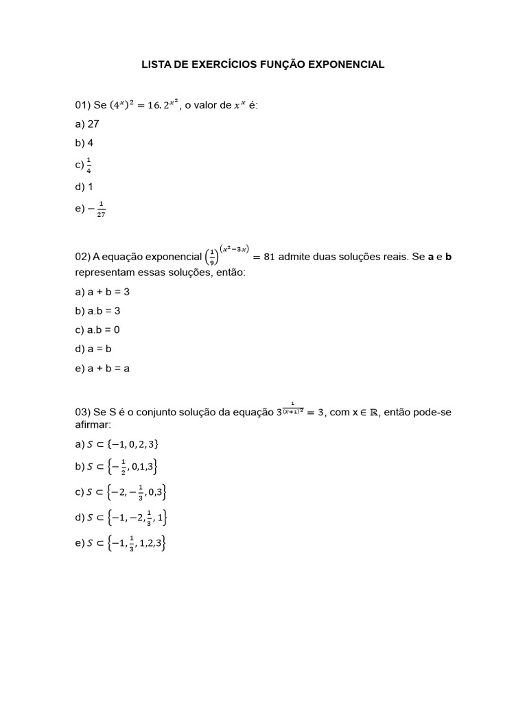 Lista de Exercícios Função Exponencial | Download grátis PDF | Equações ...