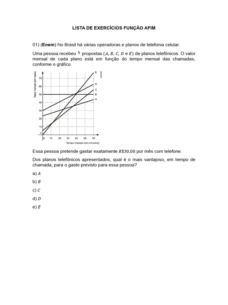 Lista de Exercícios Função Afim - 3 Série E.M. Csjosé | PDF | Demanda ...