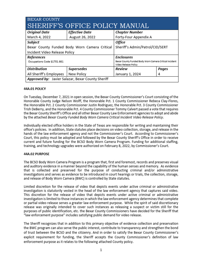 Bexar County Body Camera Video Release Policy | PDF