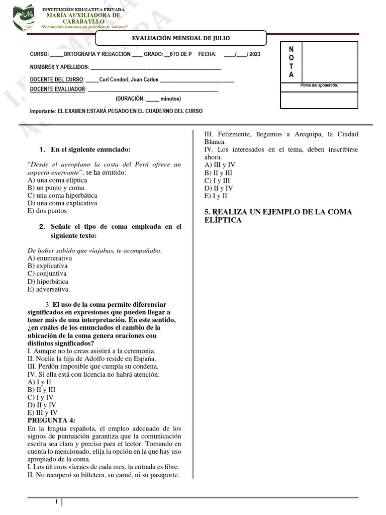 Examen de Ortografía - 6to Grado - Julio | PDF
