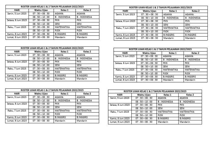 Roster Ujian Kelas 1 SD 2023 | PDF