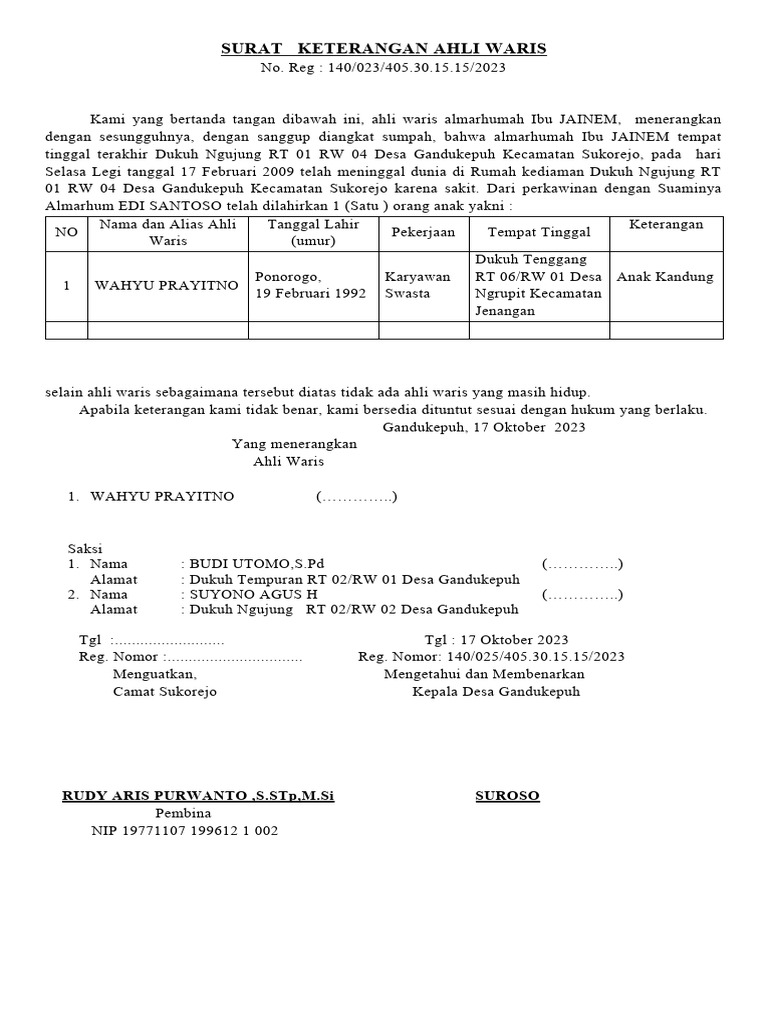 Surat Keterangan Ahli Waris Tanah Pdf