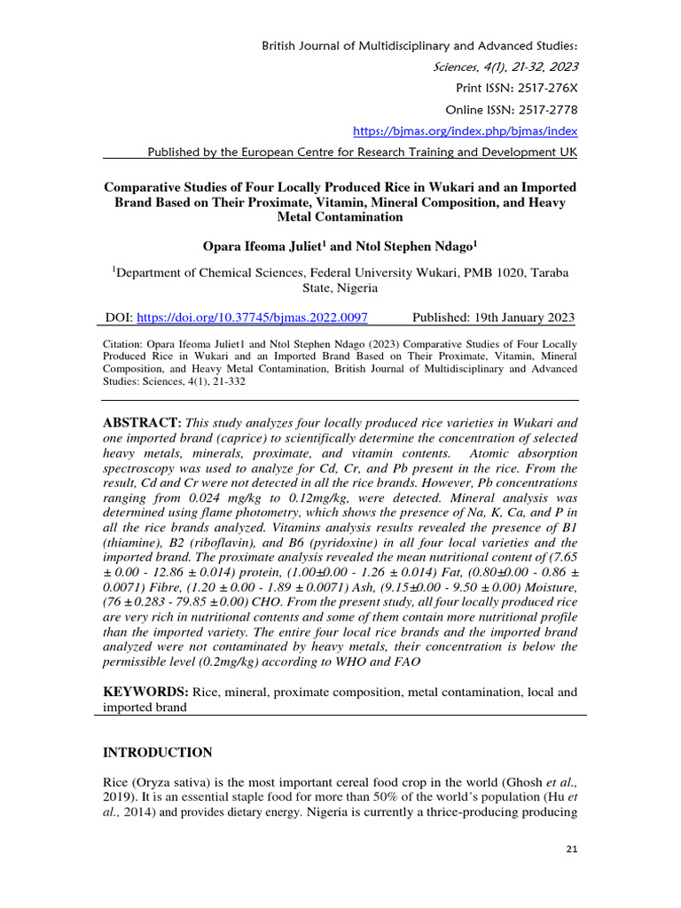 Nutritional Analysis of Local vs. Imported Rice | PDF | High ...