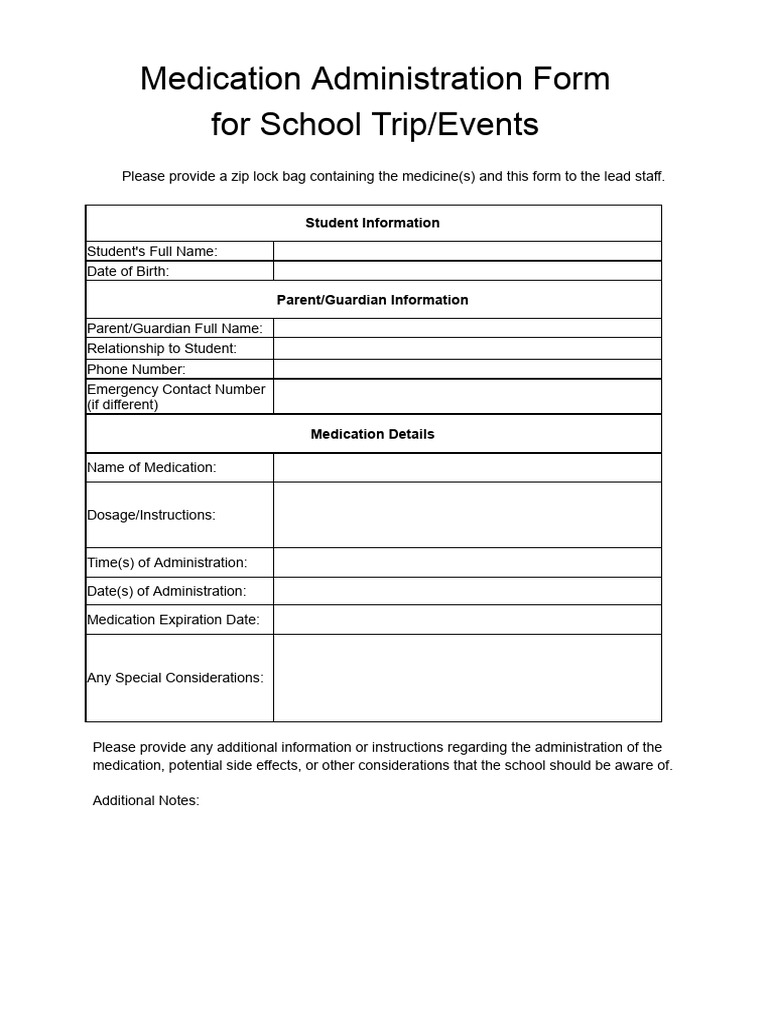 Medication Administration Form For School Trip PDF