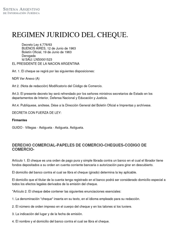 Regimen Juridico Del Cheque Pdf Cheque Bancos