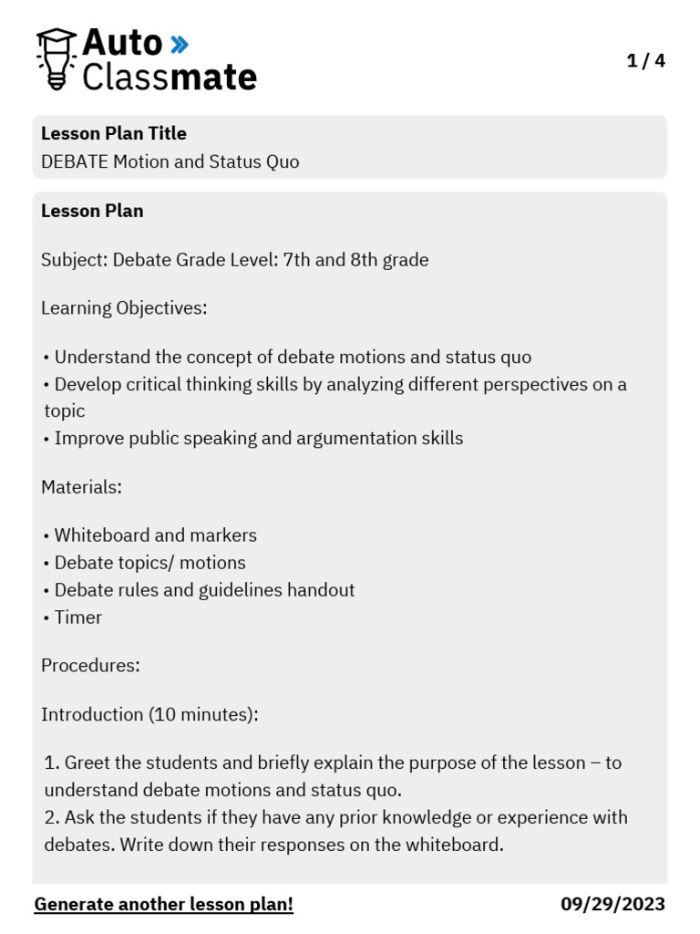 Lesson Plan DEBATE Motion and Status Quo PDF
