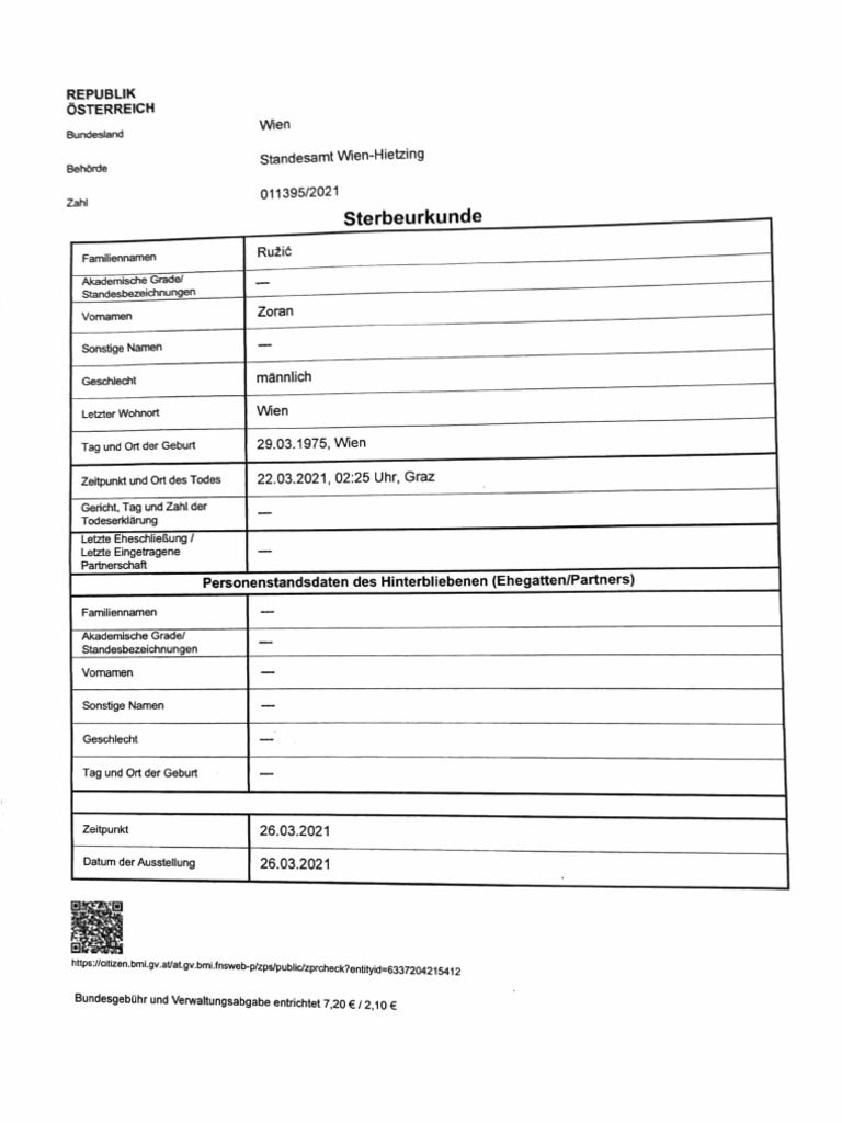Sterbeurkunde Zoran Ruzic | PDF