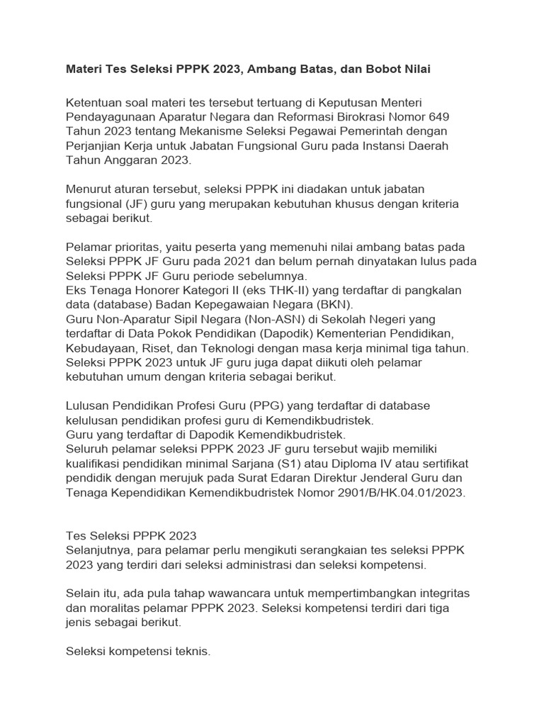 Materi Tes Seleksi PPPK 2023 | PDF