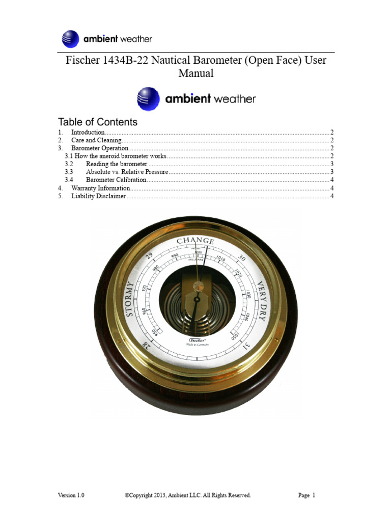 Fischer 1434B22 Nautical Barometer (Open Face) User Manual PDF