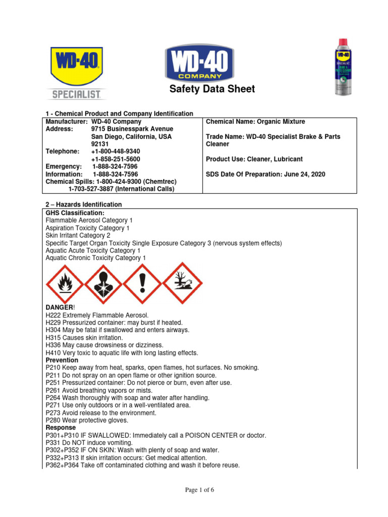 SDS WD40 Specialist Automotive Brake Parts CleanerAsia PDF