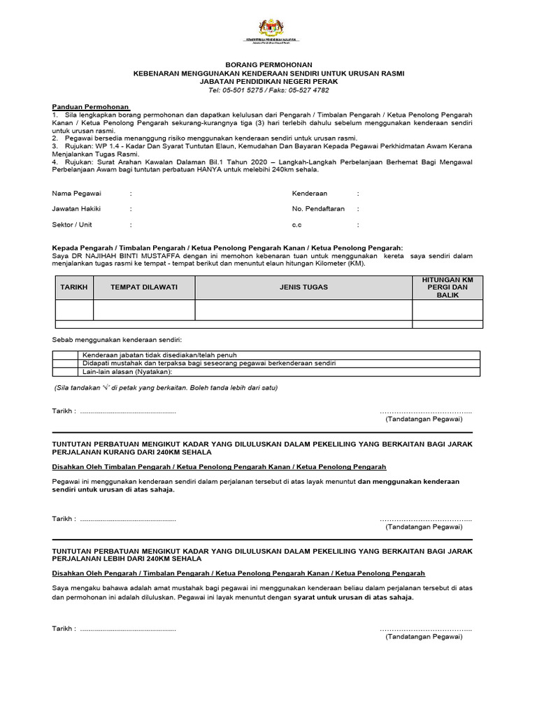 Borang Kebenaran Menggunakan Kenderaan Sendiri | PDF