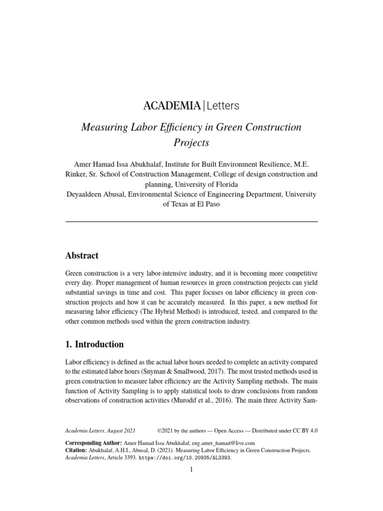 Measuring labor efficiency in green construction projects pdf green