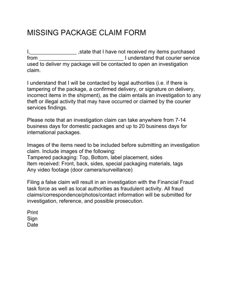 Missing Package Claim Form | PDF