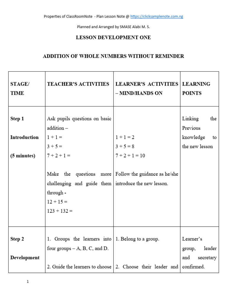 Addition of Whole Numbers Lesson Plan | PDF | Learning | Behavior ...