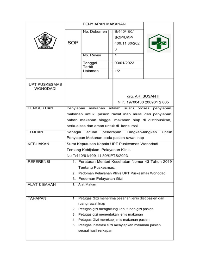 Sop Penyiapan Makanan Ranap | PDF