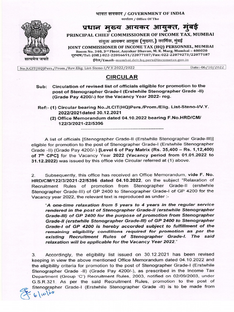 Revised Eligibility List For Promotion To The Post of Stenographer 
