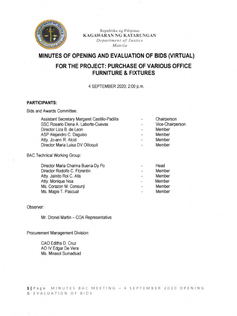 MINUTES of OPENING & EVALUATION of BIDS Purchase of Various Office