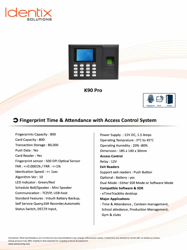 K90 Pro Fingerprint Access Control Specs | PDF