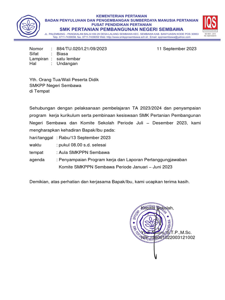 Undangan Rapat Komite Sekolah Sept 2023 | PDF