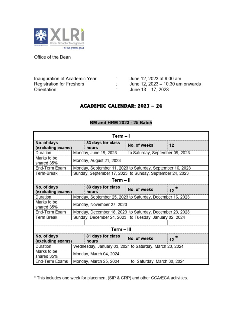 Academic Calendar Year 1 | PDF