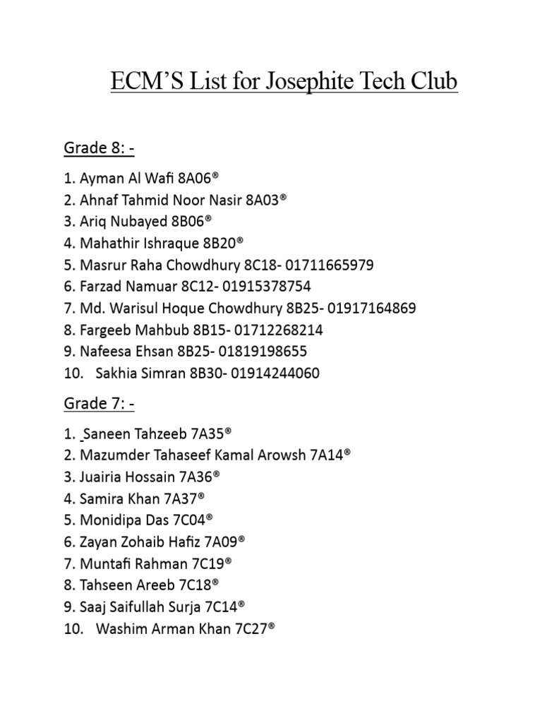 ECM'S List For Josephite Tech Club Grade 8 PDF