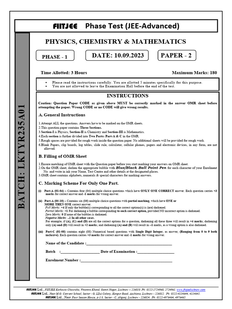 FIITJEE Phase Test Paper - Physics, Chemistry, Math | PDF | Force | Ion
