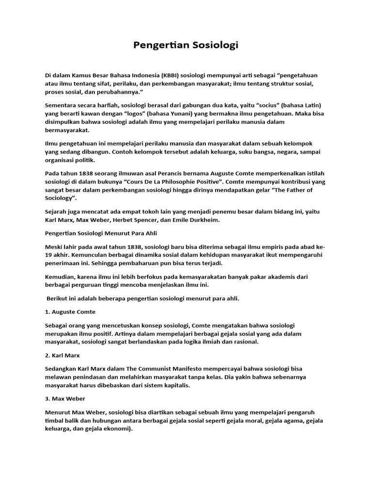 Pengertian Sosiologi, Menurut para Ahli, Serta Jenis Dan Contohnya PDF