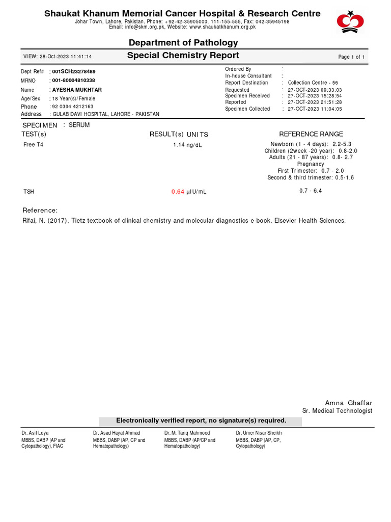Serum Specimen TEST(s) Result (S) Units Reference Range PDF Health Care Pathology