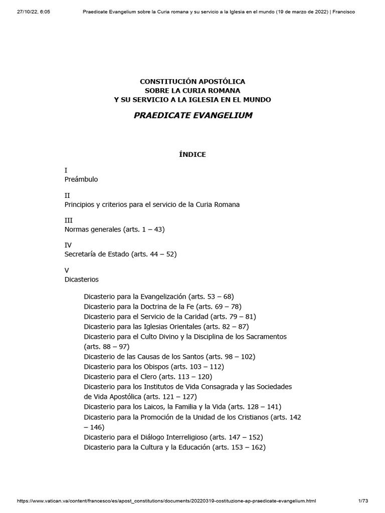 Praedicate Evangelium Sobre La Curia Romana y Su Servicio A La Iglesia