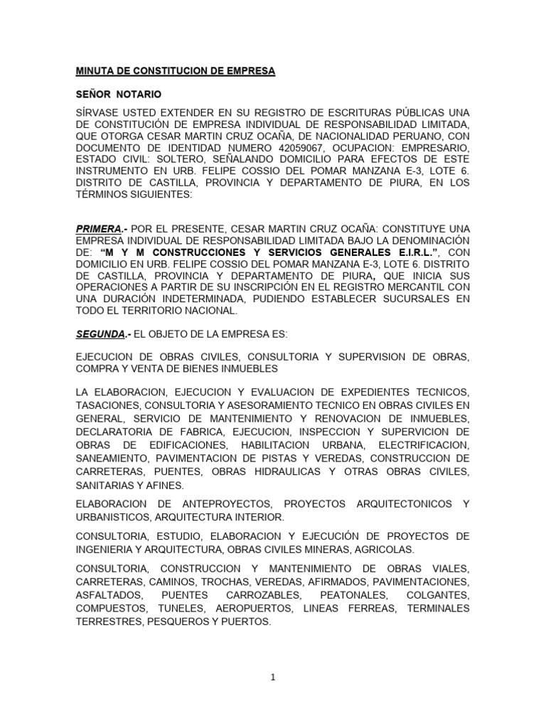 Minuta Mym Construcciones y Servicios Generales | PDF