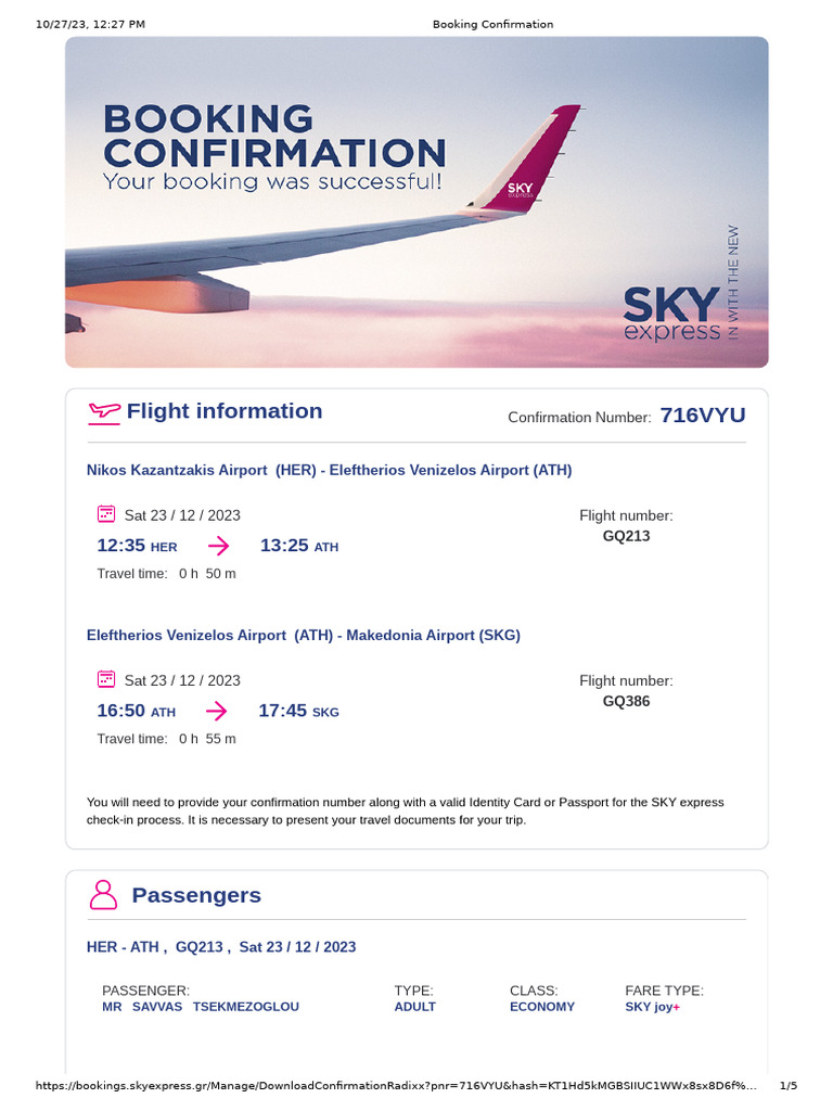 Booking confirmation pdf aviation transport