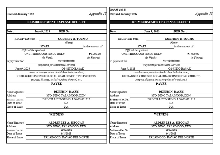 Reimbursement Expense Receipt Reimbursement Expense Receipt Appendix