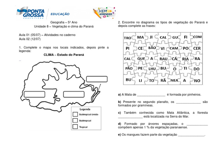 Ativ. Geo. 5o Ano Aspectos Fisicos Do Parana Clima e Vegetacao. | PDF