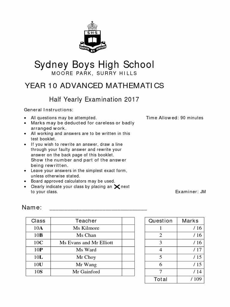 Sydney Boys 2017 Year 10 Maths HY & Solutions | PDF | Mathematics ...