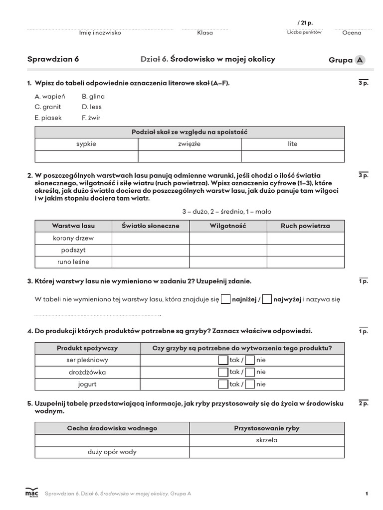 Sprawdzian Z Przyrody Klasa 6 Sprawdzian KL 4 Przyroda Cz6 | PDF