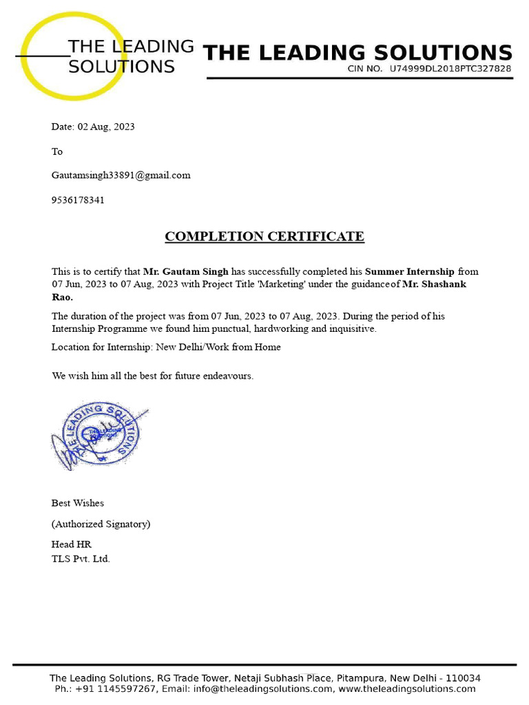 Gautam Singh Summer Internship Certificate Pdf